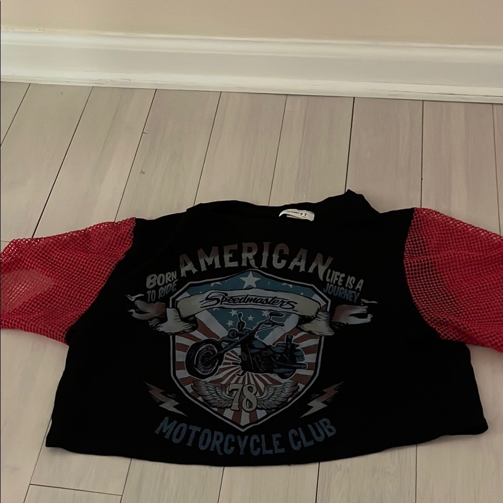 January 7 Black and Red Tee with Graphic Design and Mesh Sleeves